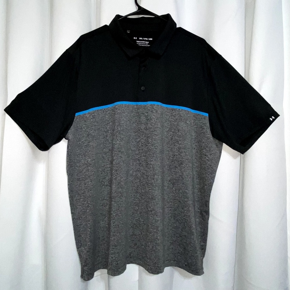 Under Armour‎ Polo Shirt Mens 2XL Black & Gray w/Blue Stripe Golf Activewear